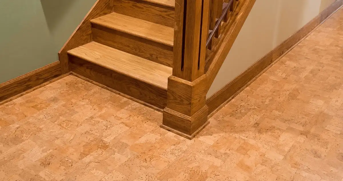 End of a staircase with cork flooring in Newark, NJ