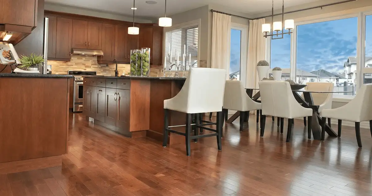 A modern kitchen with professionally installed wood flooring in Newark, NJ