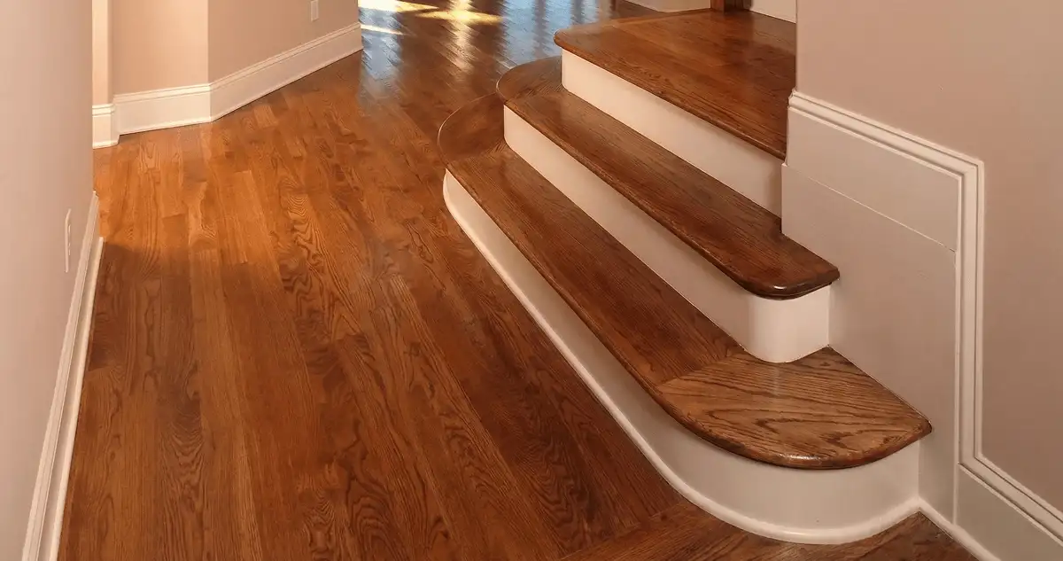 Base floor of a staircase with professionally restored wood flooring in Newark NJ