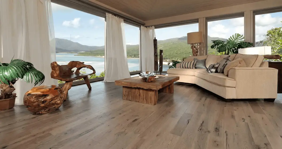 Professionally installed vinyl flooring in a modern living room with large windows in Newark, NJ